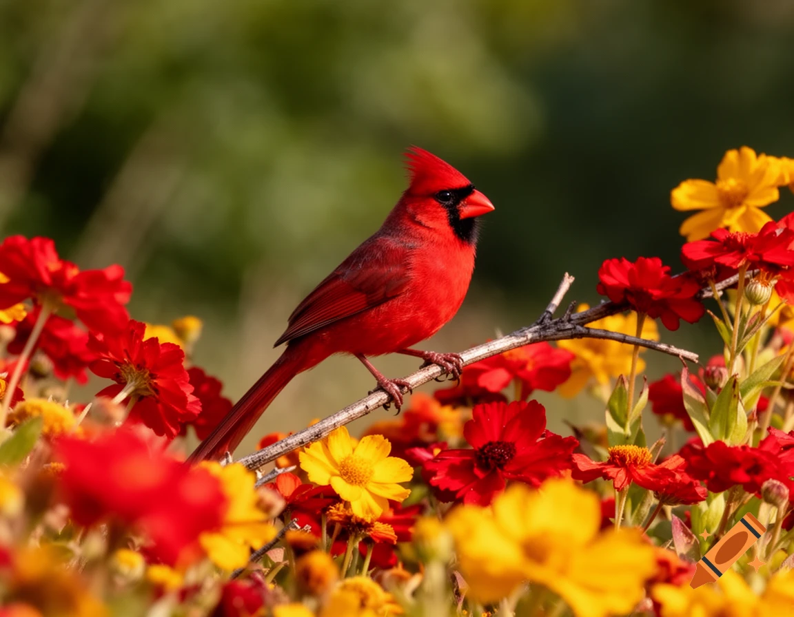 A vibrant red cardinal bird perches on a branch amidst a lush display of red and yellow flowers.