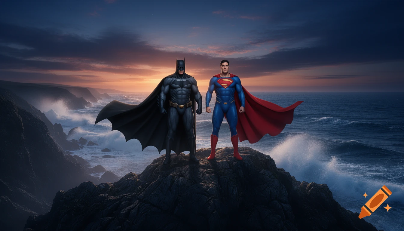 Batman and Superman stand heroically on a rocky cliff overlooking a stormy sea during a dramatic sunset, photorealistic style.