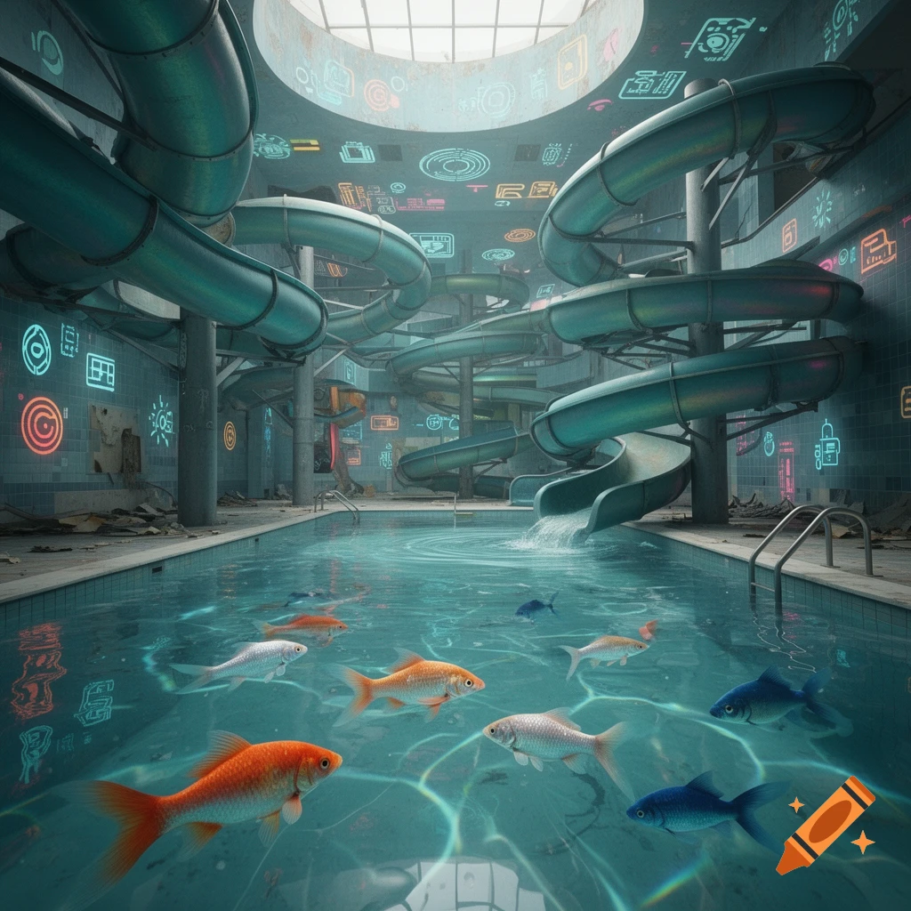 A liminal, abandoned indoor water park with turquoise slides and a pool filled with various fish, in a Frutiger Aero style.