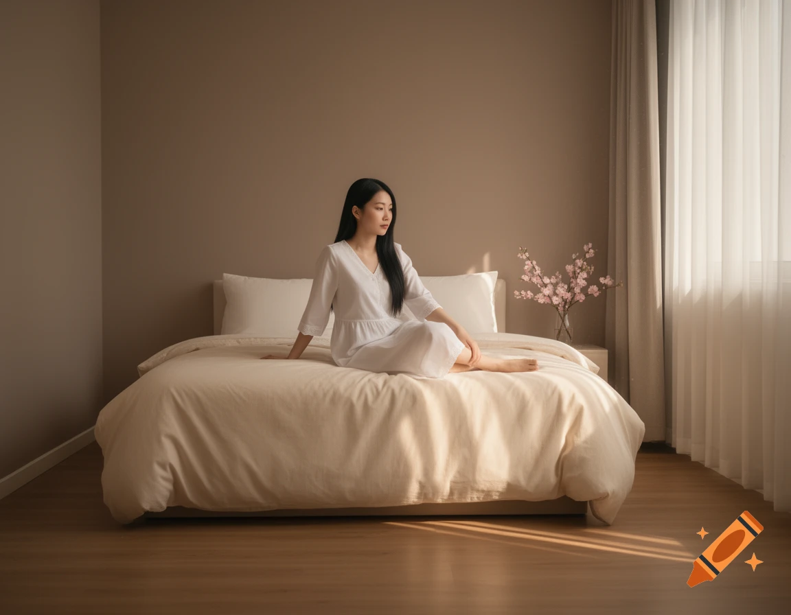 An Asian woman in a white dress sits casually on a bed in a minimalist bedroom with warm sunlight streaming through a window.