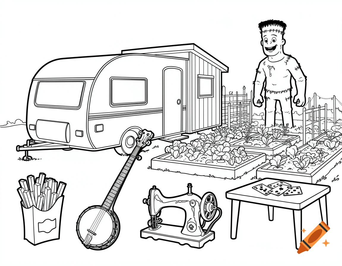 Black and white coloring page with a caravan, garden, Frankenstein character, fries, banjo, sewing machine, and playing cards.