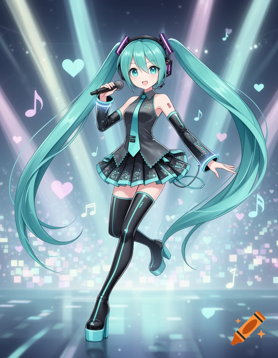 Hatsune Miku, an anime character with long teal pigtails, sings into a mic on a stage with hearts and musical notes.
