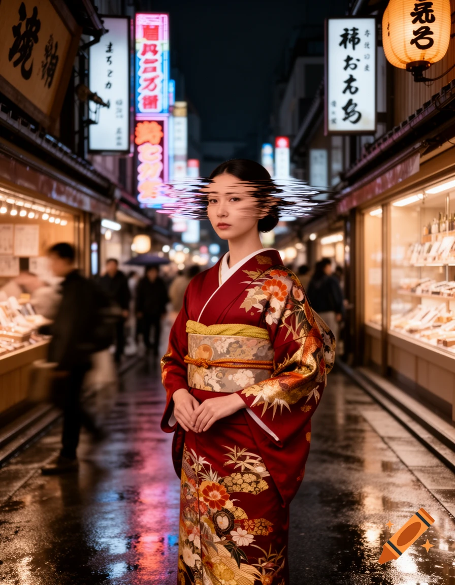 A woman in a red kimono with a ripple-effect distorted face stands on a wet Japanese street at night, lit by neon signs.