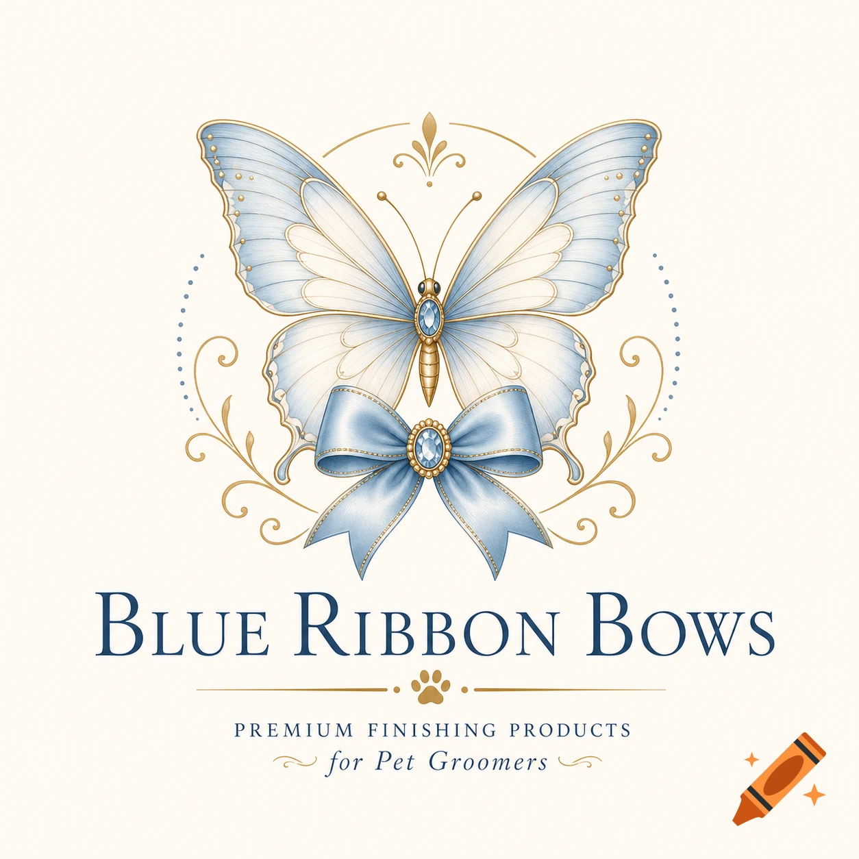 Elegant logo featuring a light blue butterfly with a bow, golden accents, and text 'Blue Ribbon Bows' for pet groomers.