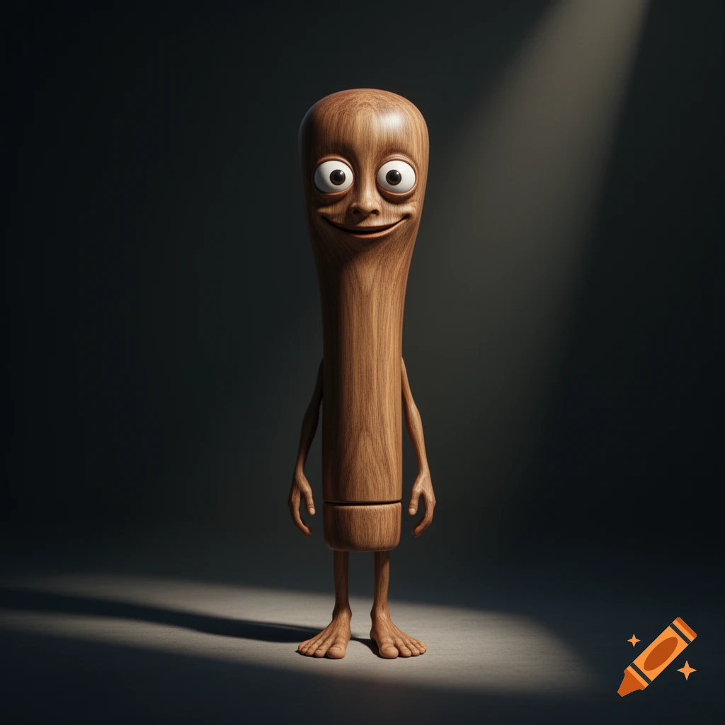 A surreal 3D humanoid character resembling a wooden stick, with bulging eyes, a wide smile, and tiny limbs, stands in cinematic lighting.