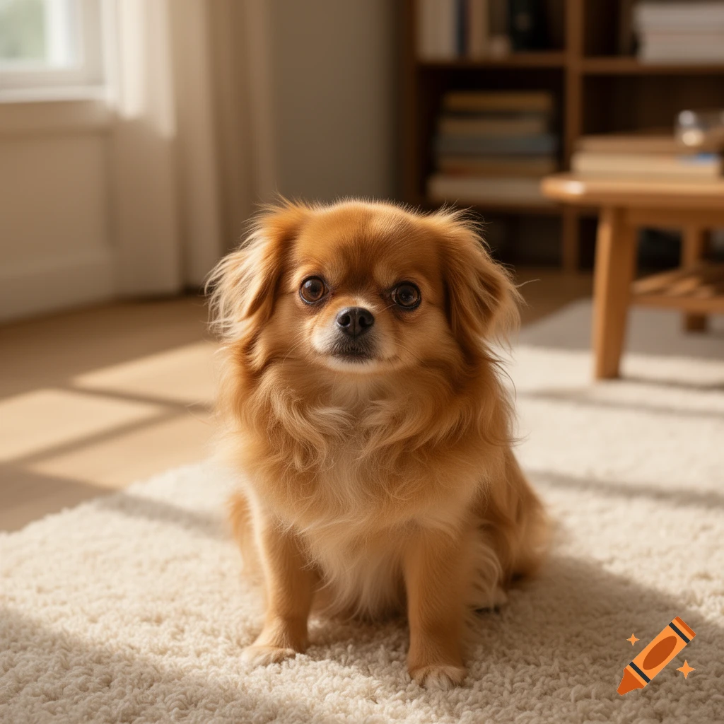 A small fluffy reddish-brown dog sits on a cream rug in a sunlit room.