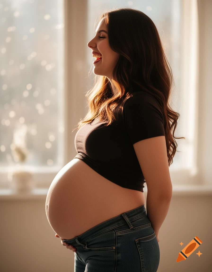 Side profile of a laughing pregnant woman in a black crop top and jeans, holding her large belly by a window, photorealistic.