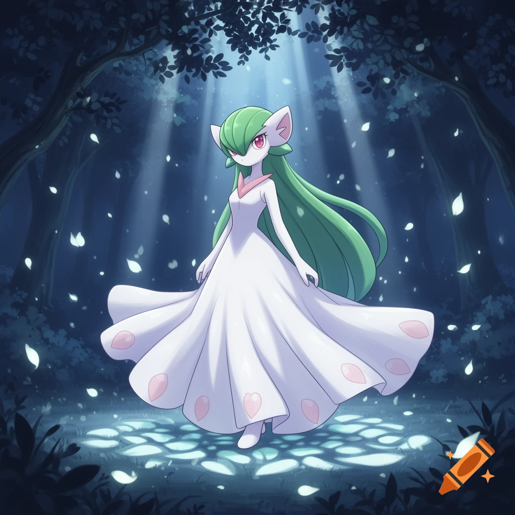 A Gardevoir in a white dress stands in a mystical forest bathed in moonlight, with glowing leaves falling around it.