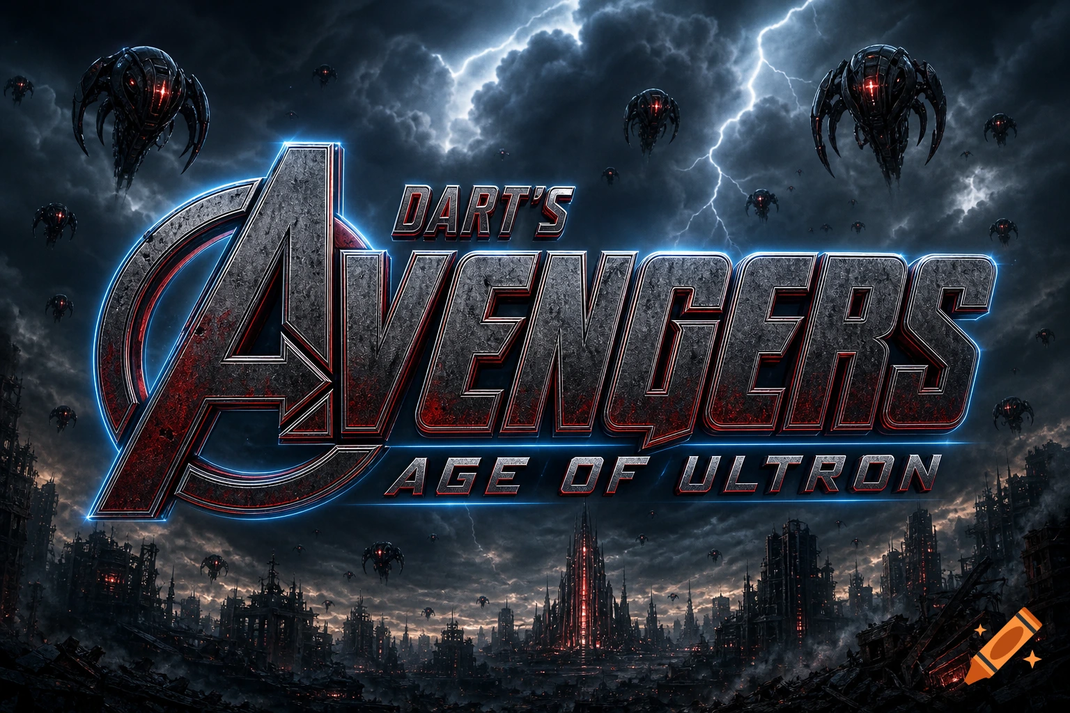 The 'Dart's Avengers: Age of Ultron' logo above a dark, stormy, dystopian city with lightning and flying drones.