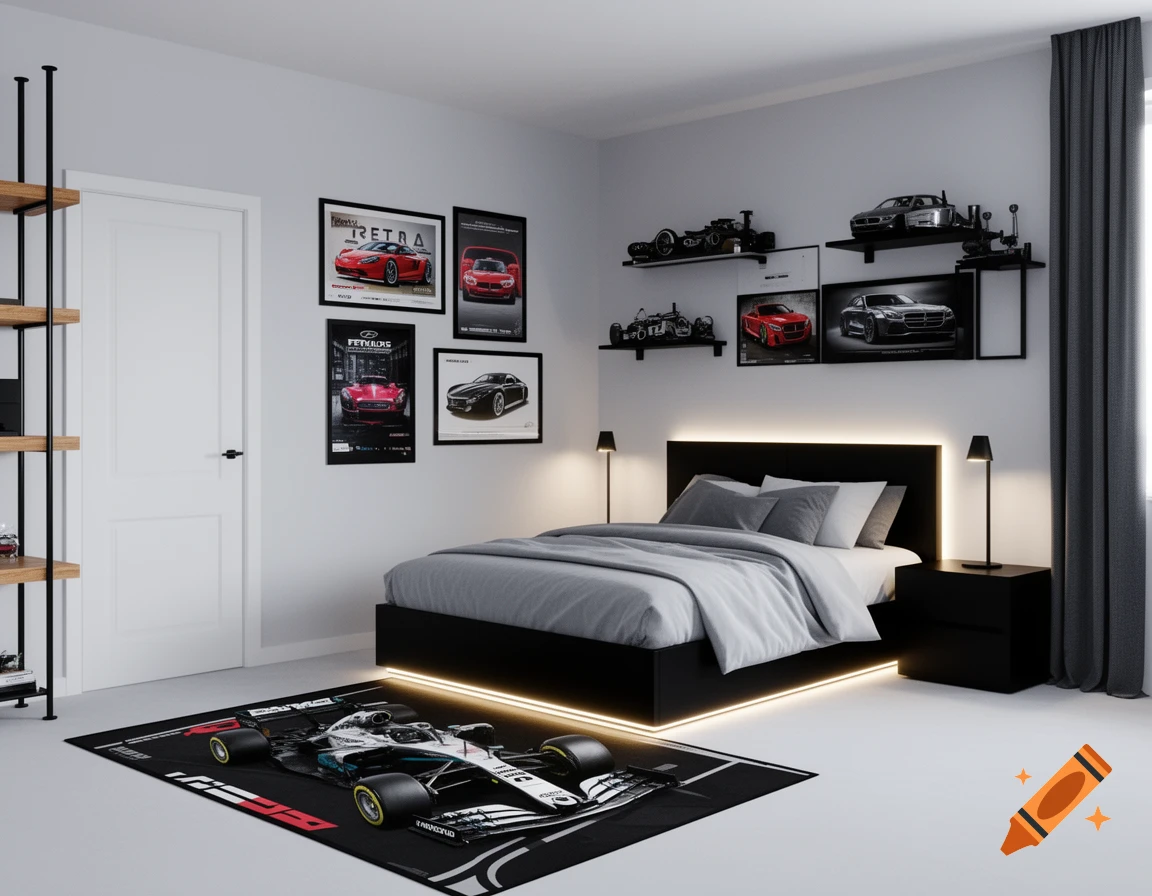 A modern bedroom with a black bed and LED lighting, decorated with sports car posters, model cars on shelves, and an F1 car rug. Photorealistic.