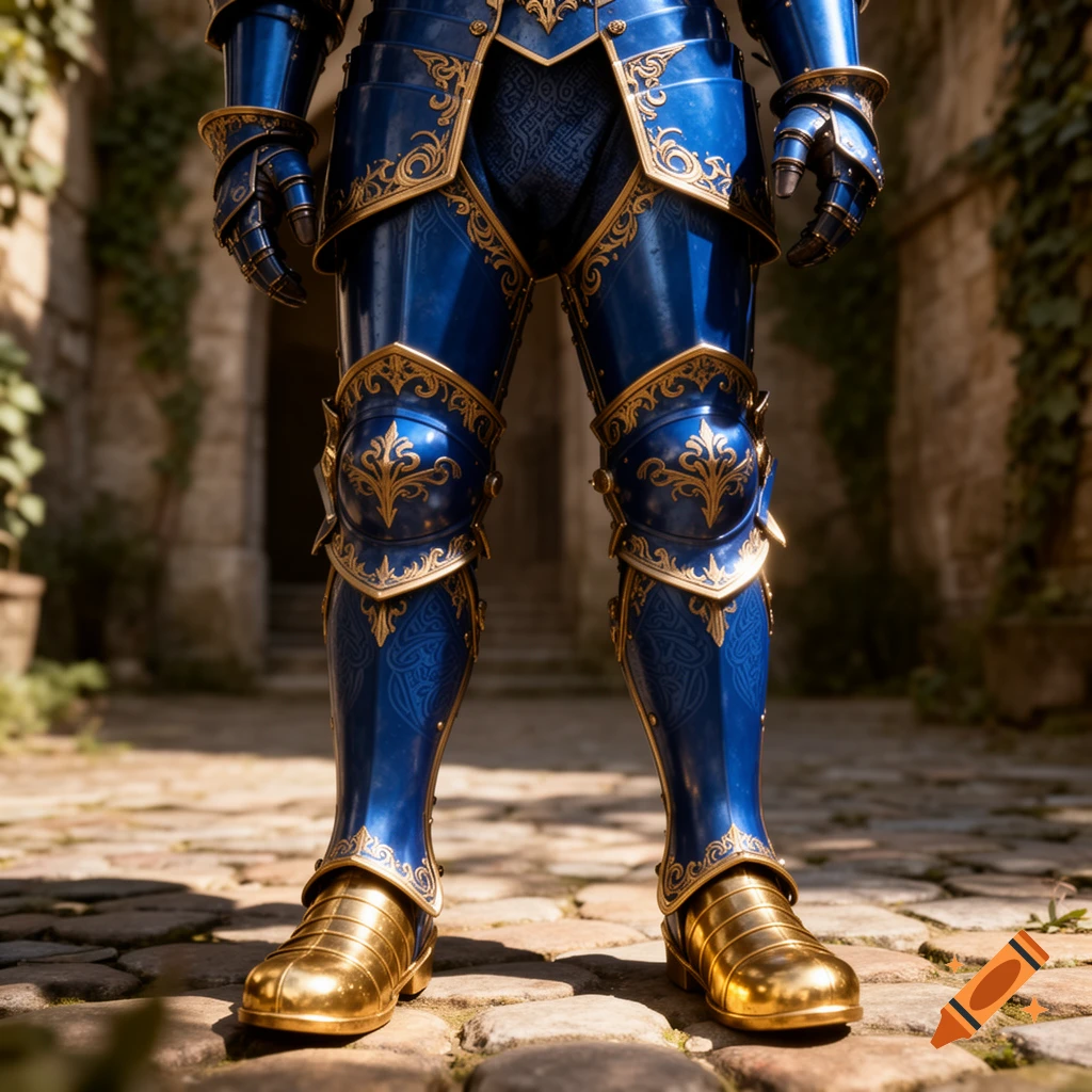 Photorealistic blue and gold ornate knight's armor standing on a cobblestone path in a courtyard.