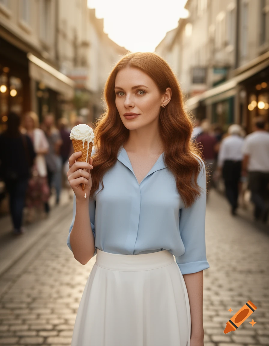A red-haired woman in a light blue shirt and white skirt holds a melting ice cream cone on a cobblestone street.