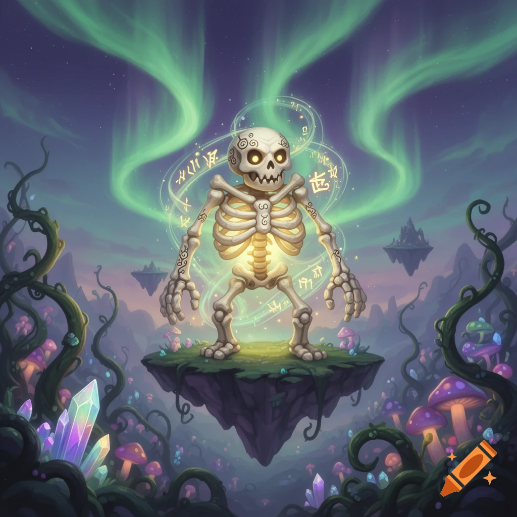 A glowing, cartoonish skeleton stands on a floating island, surrounded by runes, under an aurora sky in a vibrant fantasy world.