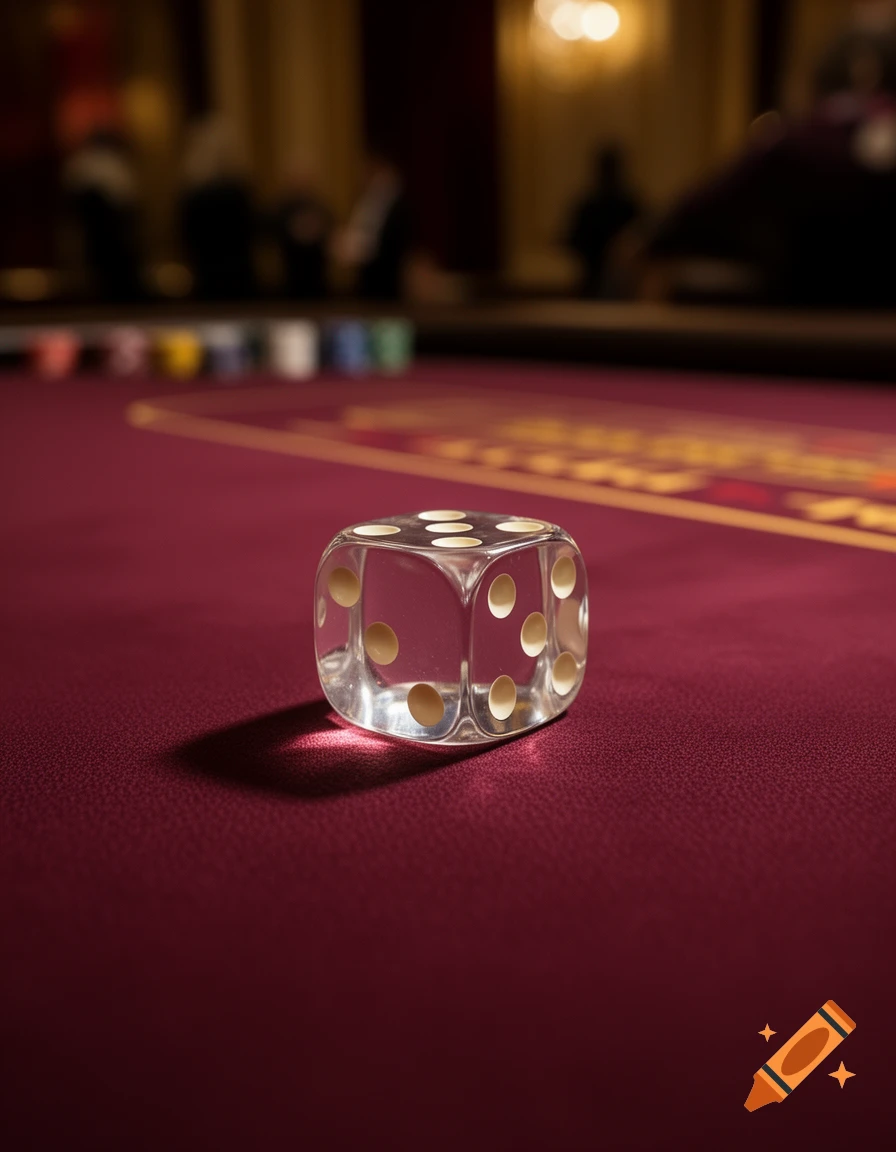 A clear dice with gold pips rests on a red casino table, with blurred figures and chips in the background, photorealistic.