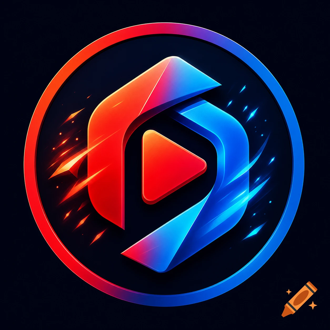 Abstract circular logo with a red and blue stylized design, featuring a central red play button on a dark background.