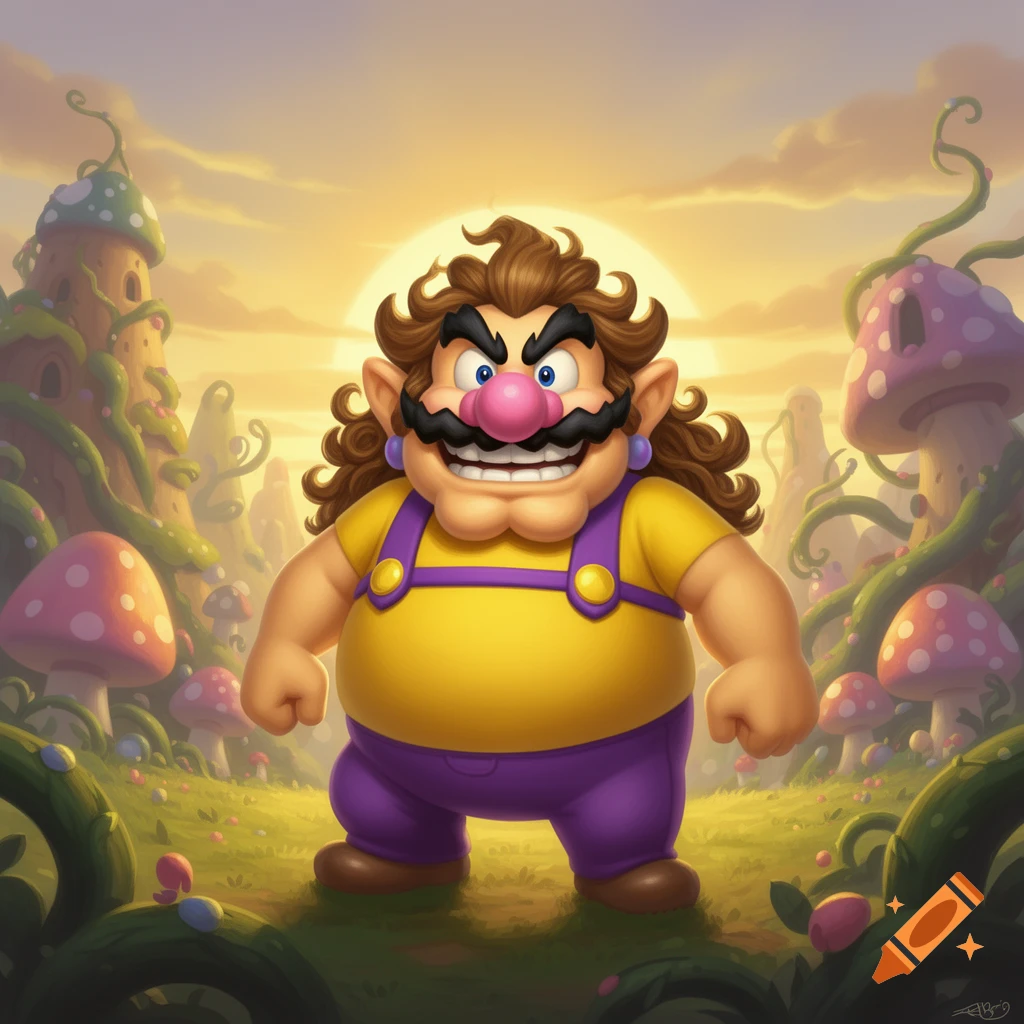 Wario with long, curly brown hair and a pink nose, wearing a yellow shirt and purple overalls, stands in a whimsical mushroom forest at sunset.