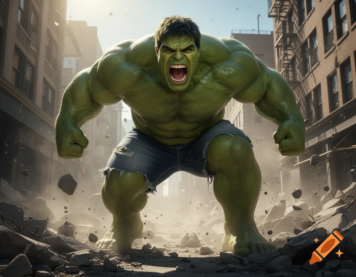 The Hulk, a large muscular green figure in torn denim shorts, roars defiantly amidst urban destruction.
