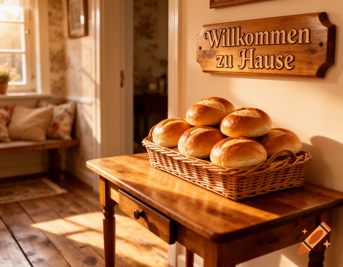 A basket of fresh bread rolls on a rustic wooden table under a 'Willkommen zu Hause' sign, bathed in warm sunlight.