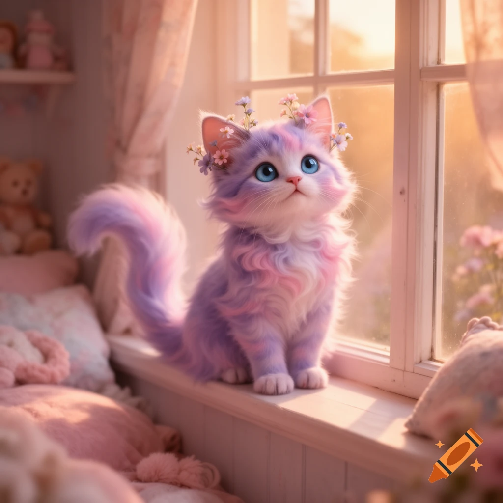 A fluffy pastel purple and pink cat with large blue eyes and a flower crown sits on a sunlit window sill in a soft pink room.