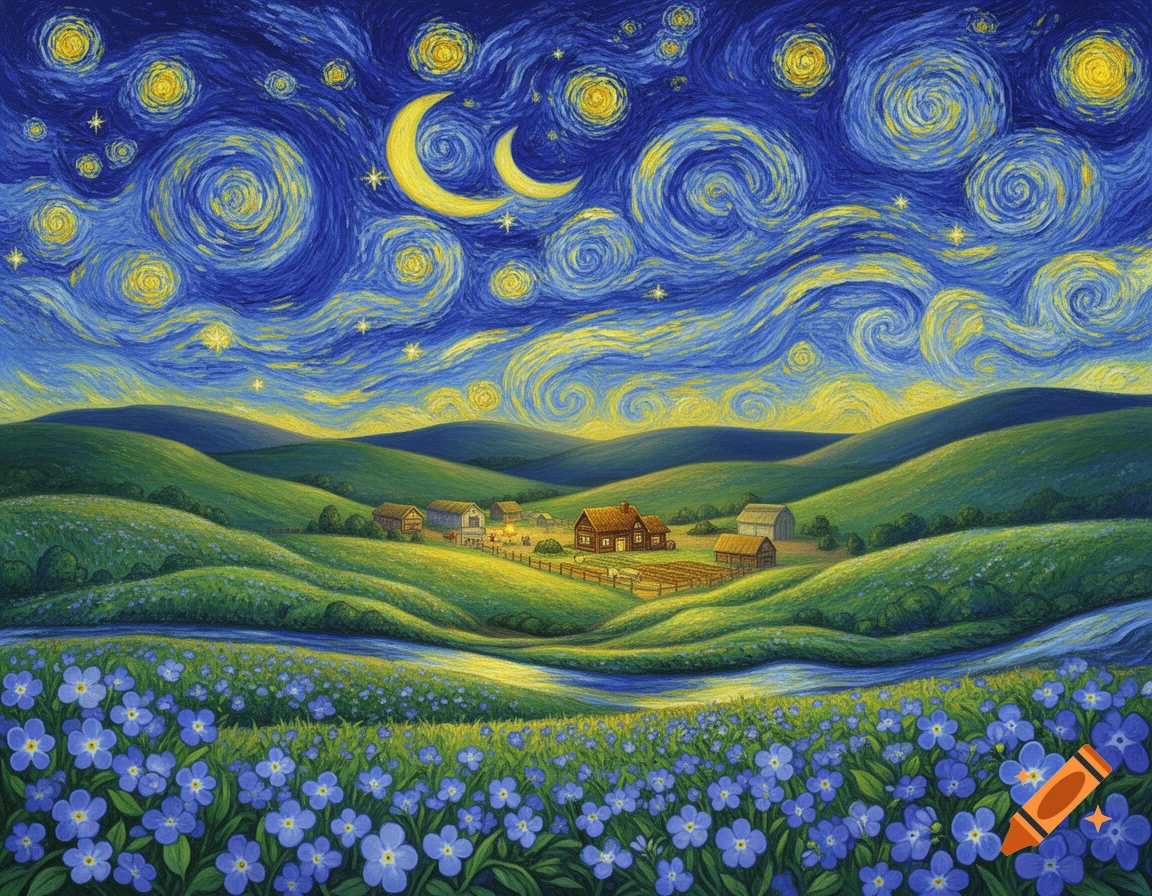 Van Gogh-style painting of a valley with a farm, river, and blue flowers under a swirling, starry night sky with two crescent moons.