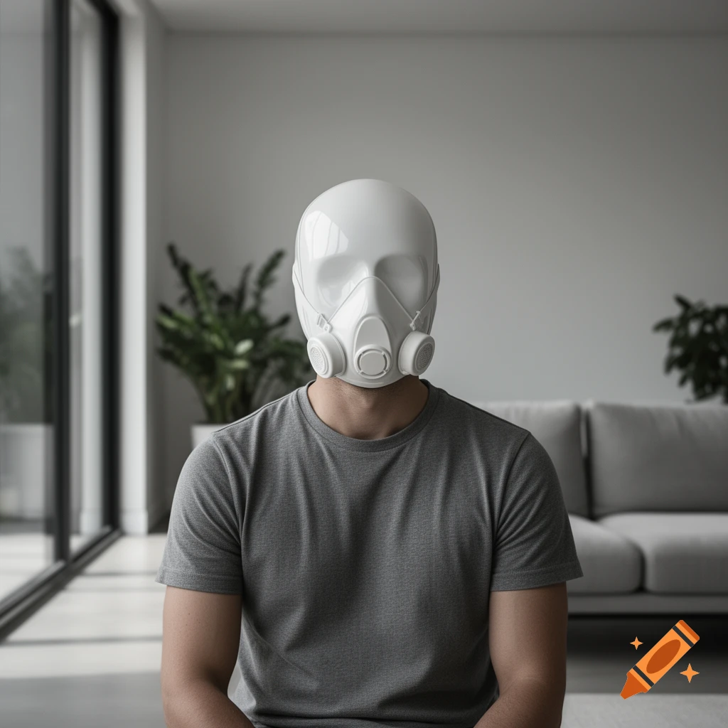 A man in a grey t-shirt wears a glossy white full-face mask with a respirator, sitting in a bright minimalist room.