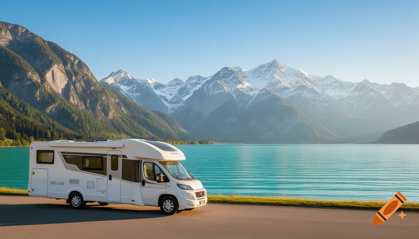 A white camper van is parked on a road next to a turquoise lake with large, snow-capped mountains in the background under a clear blue sky.