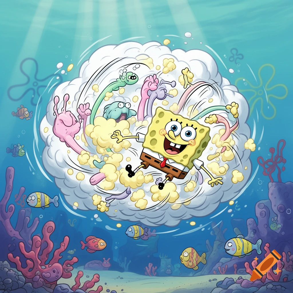 SpongeBob SquarePants smiles happily in a bubbly fight cloud with other colorful cartoon sea creatures in a vibrant underwater scene.