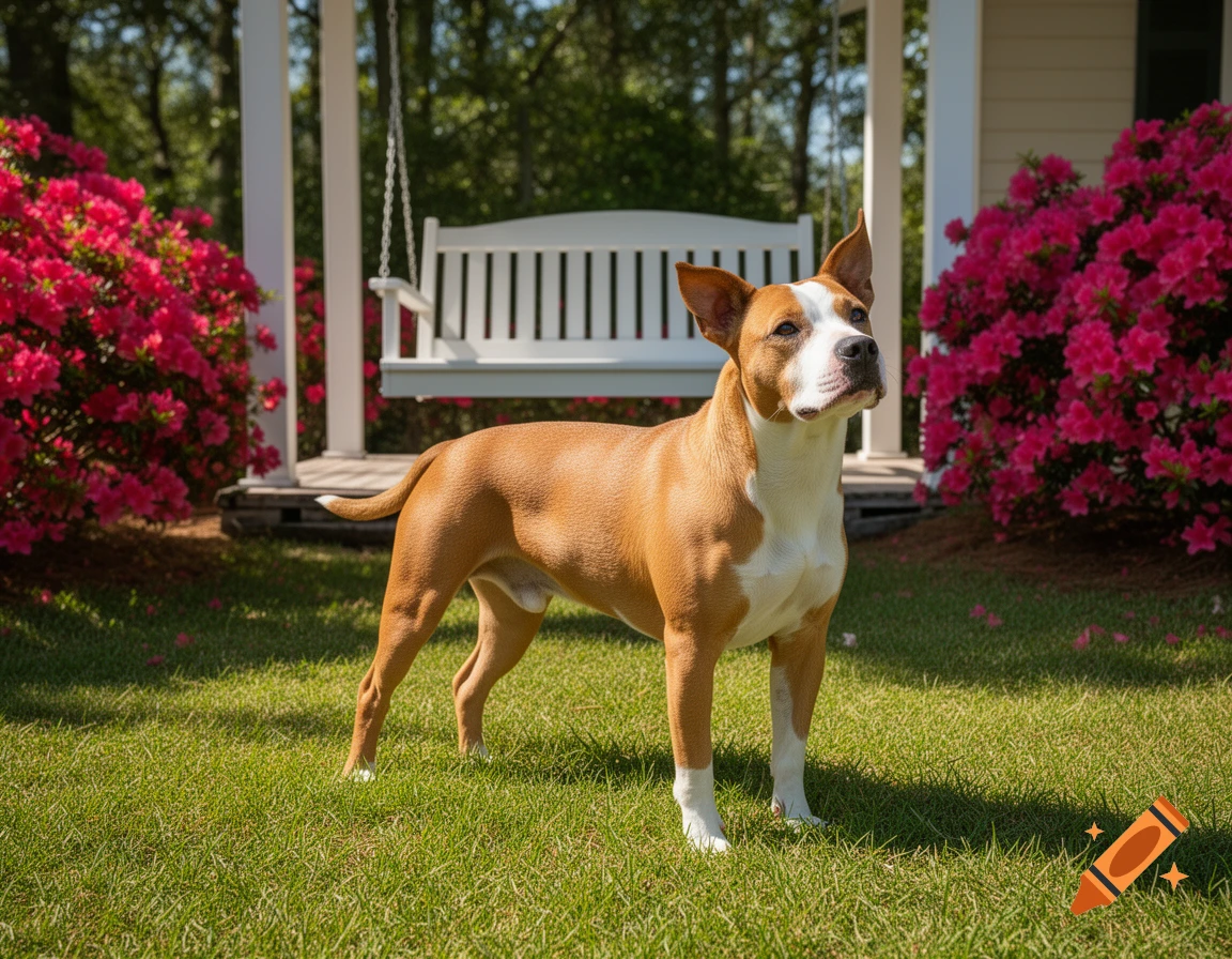 A tan and white dog stands on green grass in a sunny garden with pink flowers and a white porch swing.
