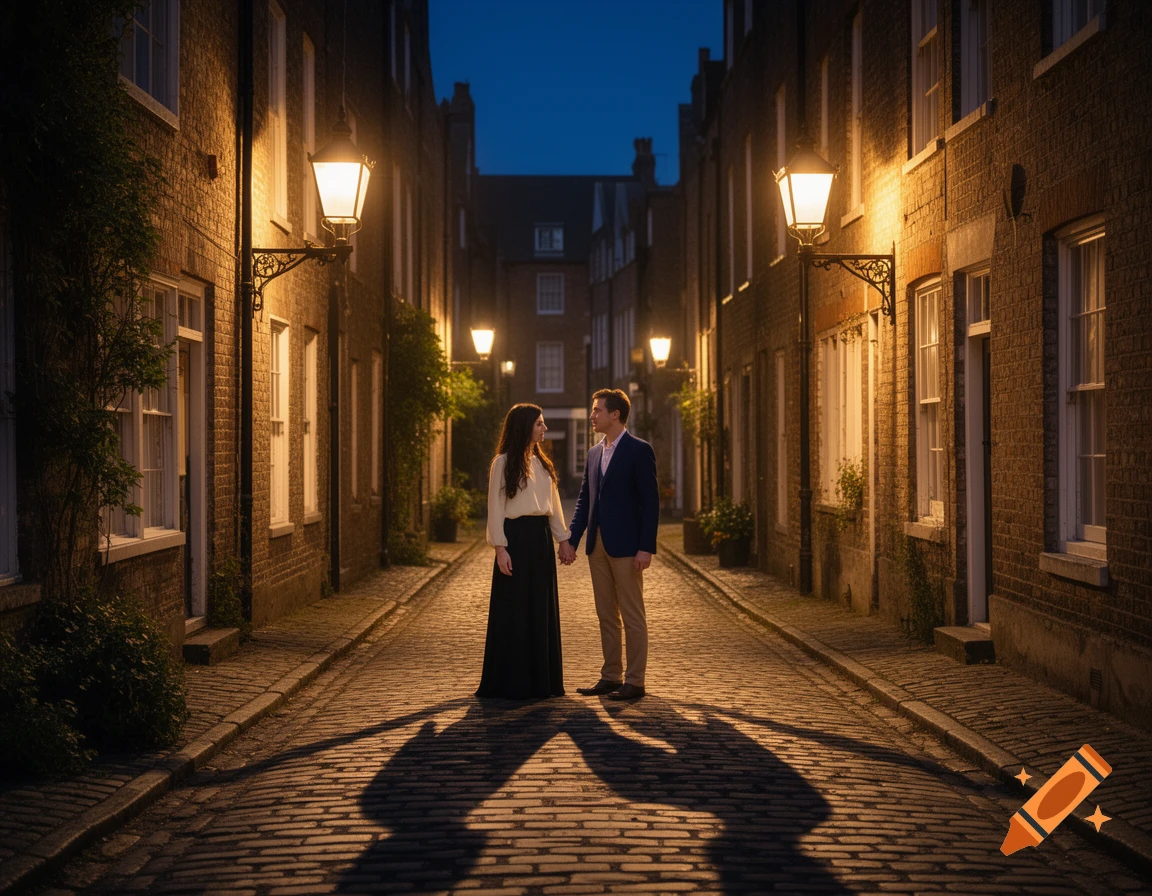 A couple holding hands in a lamp-lit cobblestone alley at dusk, their elongated shadows appearing to fight.