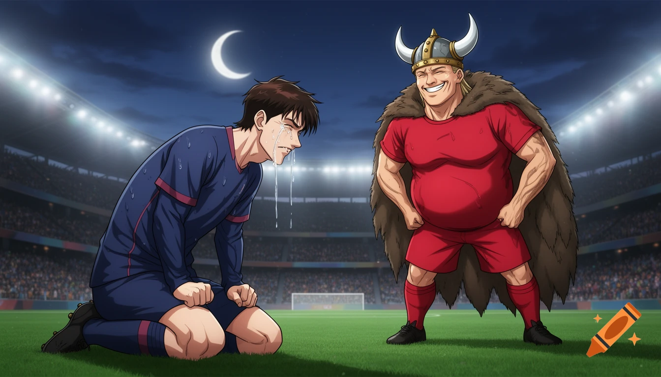 Anime style. A soccer player kneels, crying on a field at night, while a smiling man in a viking helmet and fur cloak stands over him.