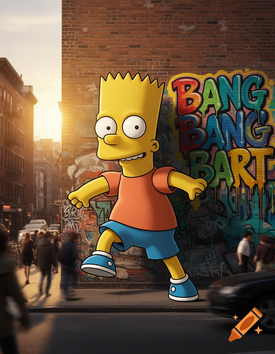Bart Simpson runs past a brick wall covered in graffiti that reads 'BANG BANG BART' on a sunny city street.
