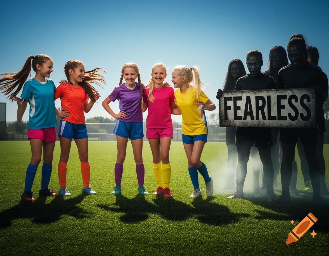 A group of cheerful girls in colorful sports uniforms stands on a green field, facing a darker, scarier team holding a 'FEARLESS' sign.