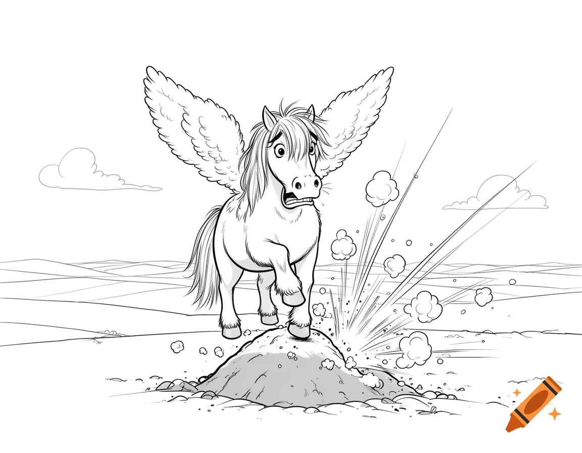 Black and white lineart cartoon of a startled pegasus pony stepping on a mound, causing a small explosion of dust.