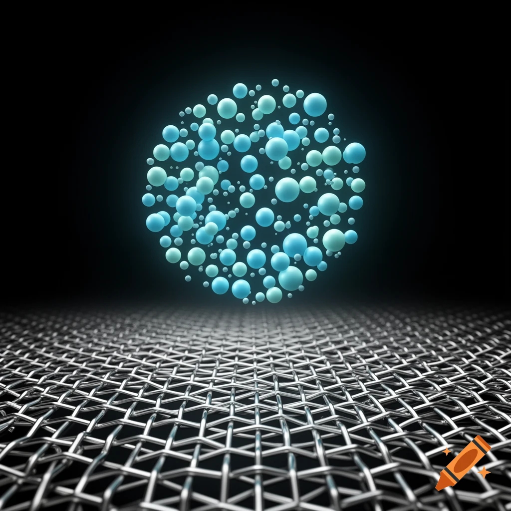 Blue and green spheres float above a metallic woven mesh against a dark background, in a photorealistic style.