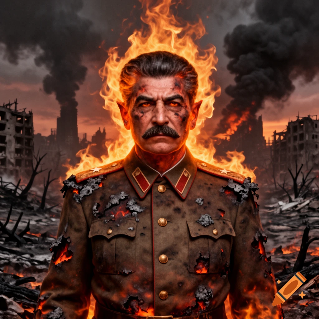 Demonic, fiery Stalin with glowing red eyes and pointed ears, wearing a military uniform, stands in a burning, destroyed city.