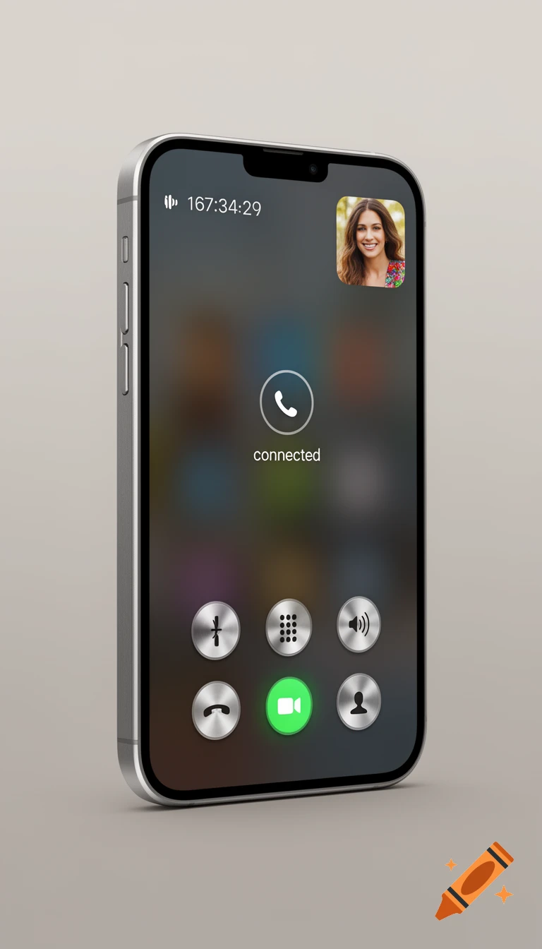 A silver iPhone displaying a call screen with a timer, a woman's profile picture, 'connected' status, and control buttons.