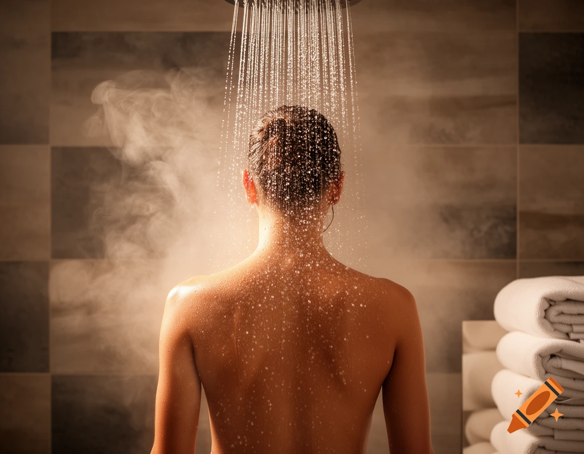 Rear view of a person showering in a steamy bathroom, with water droplets on their back.