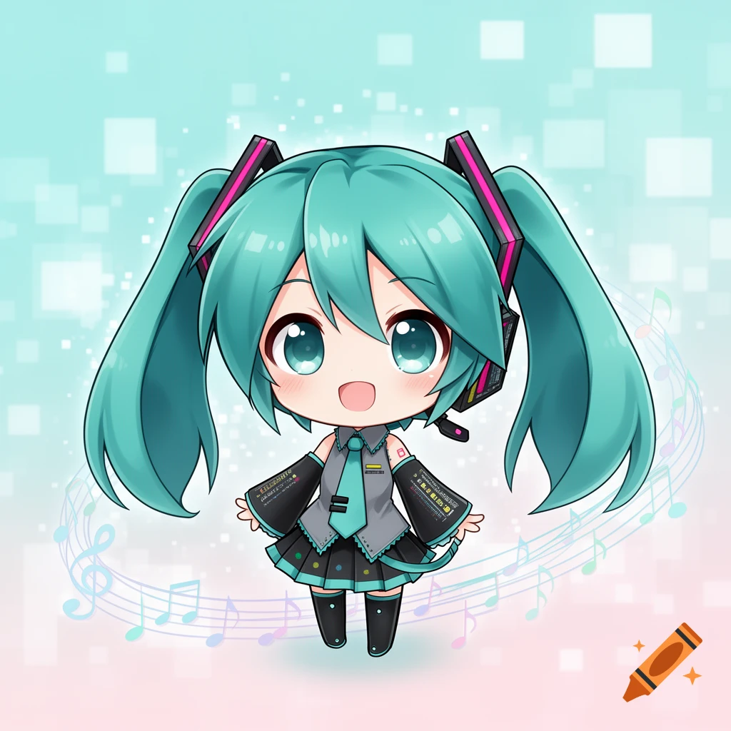 A cute chibi Hatsune Miku with teal pigtails, headphones, a grey and black outfit, and a teal tie, against a blue and pink musical background.