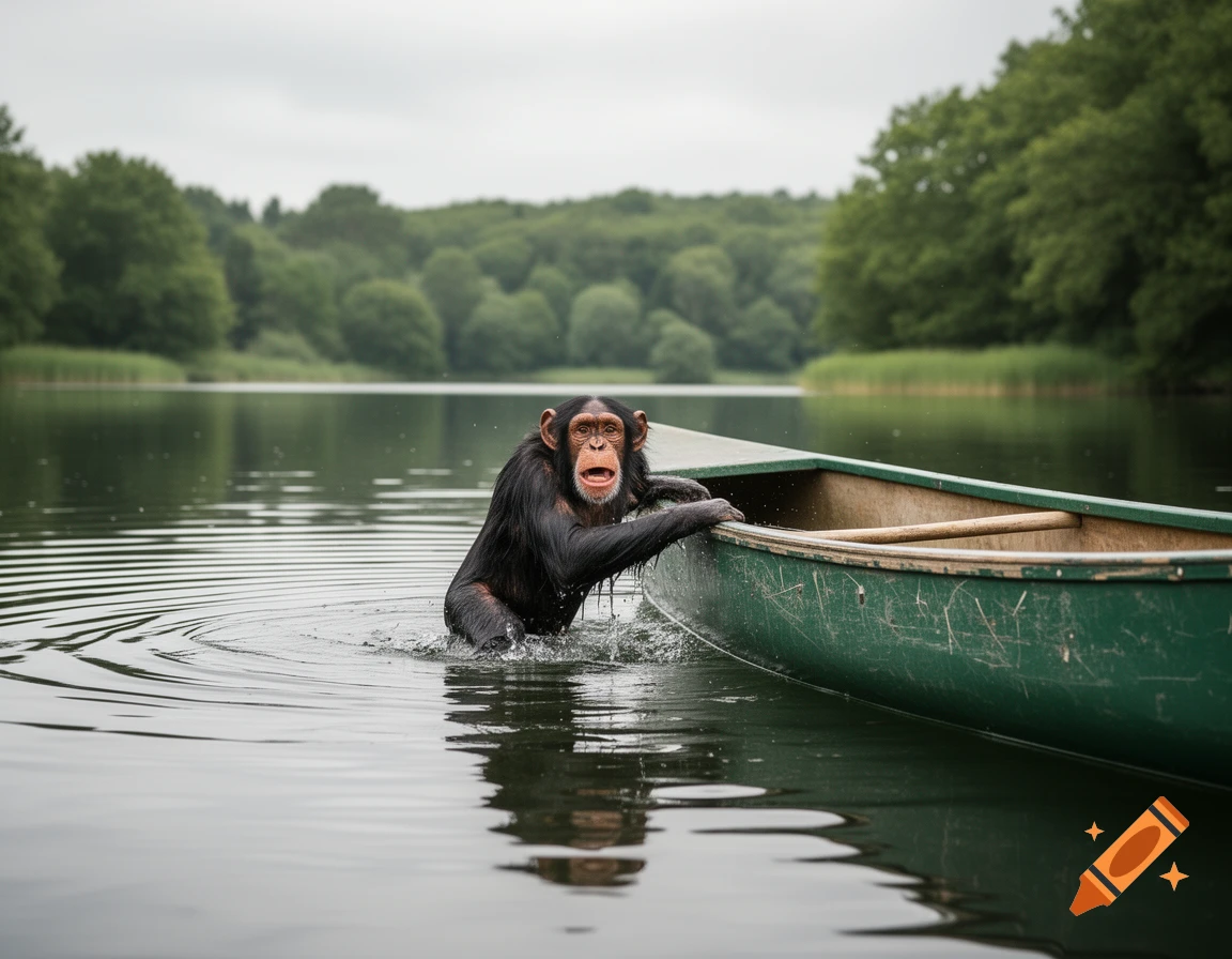 A chimpanzee is half-submerged in a lake, holding onto a green canoe. A forest lines the lake's edge under an overcast sky.