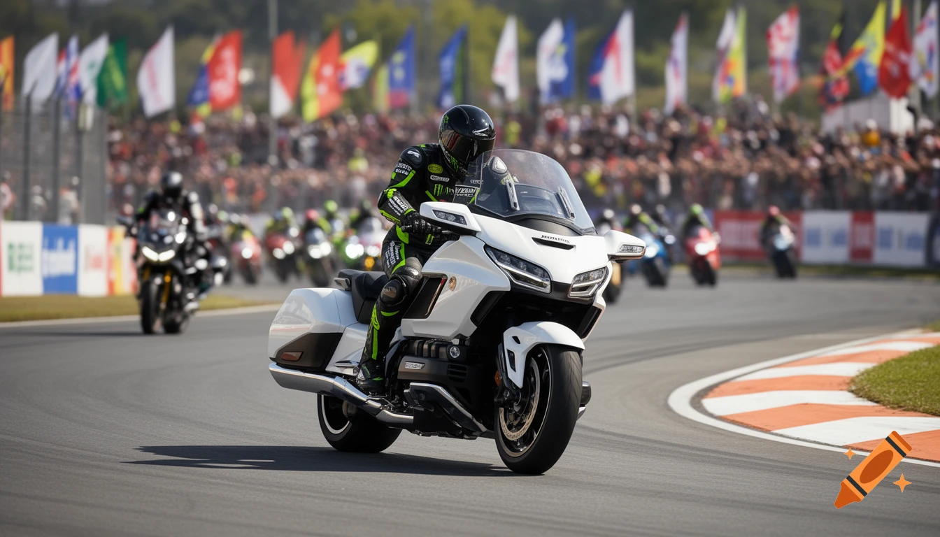 A motorcyclist in a black and neon green suit rides a white Honda Goldwing, leading a road race on a track.
