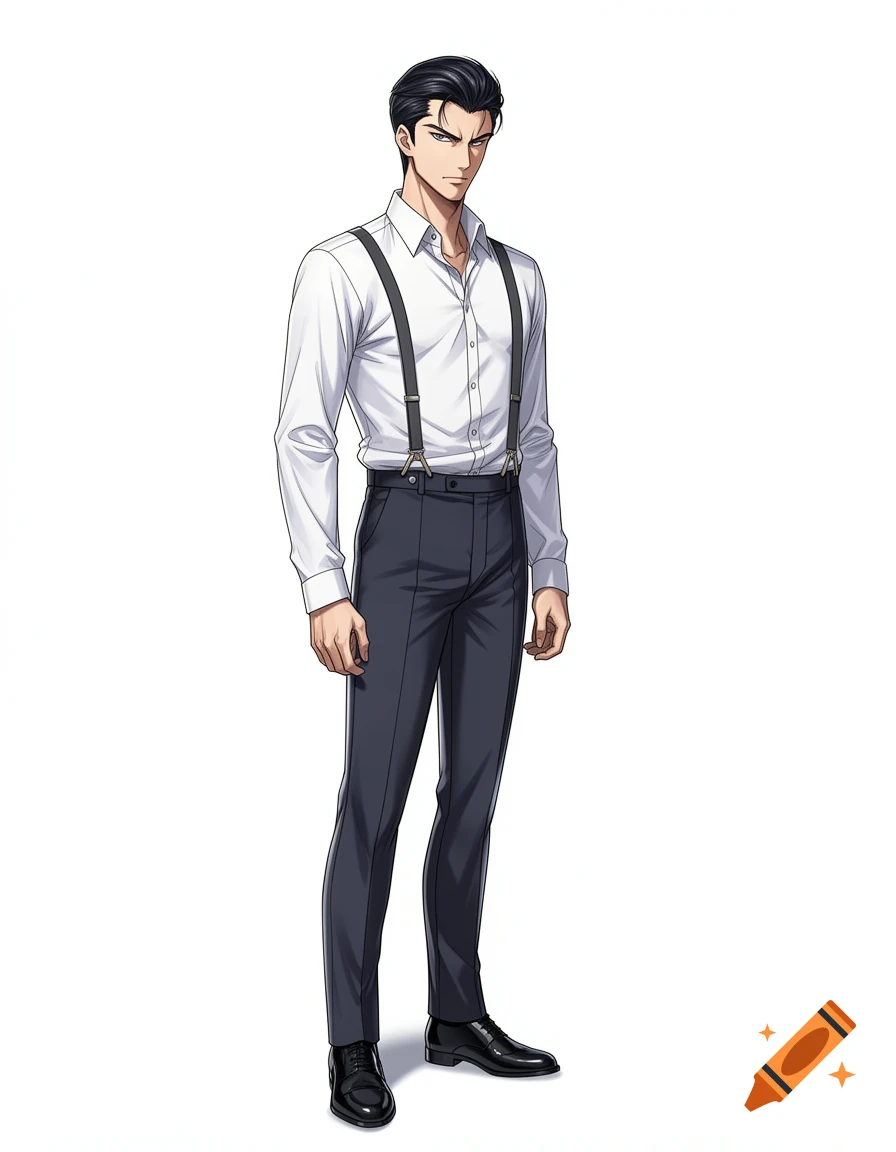 An anime-style male character with dark hair and a stern expression, wearing a white collared shirt, black suspenders, dark pants, and black shoes, against a plain white background.