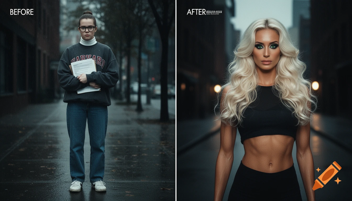 Split image showing a before and after transformation. Left: an intellectual woman in a Harvard sweatshirt. Right: the same woman as a confident blonde diva in a crop top.