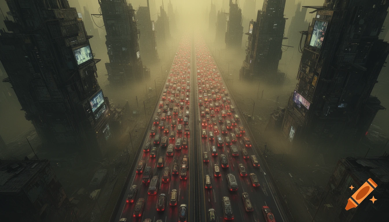 Aerial view of a dystopian highway filled with gridlocked, futuristic cars in smog, flanked by decaying cyberpunk megastructures.