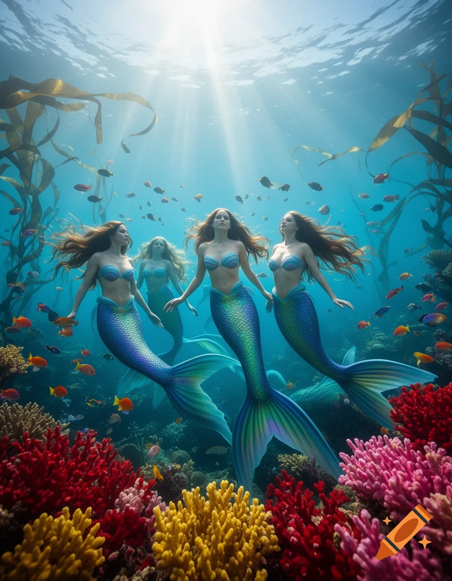 Three mermaids with flowing hair and colorful tails swim gracefully in a vibrant coral reef among schools of fish, with sun rays piercing the clear blue water.