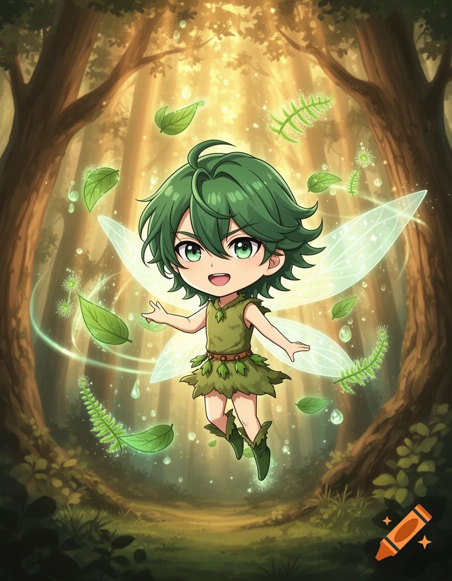 Chibi anime forest fairy with green hair and leaf attire floats amidst glowing leaves in a sunlit forest.