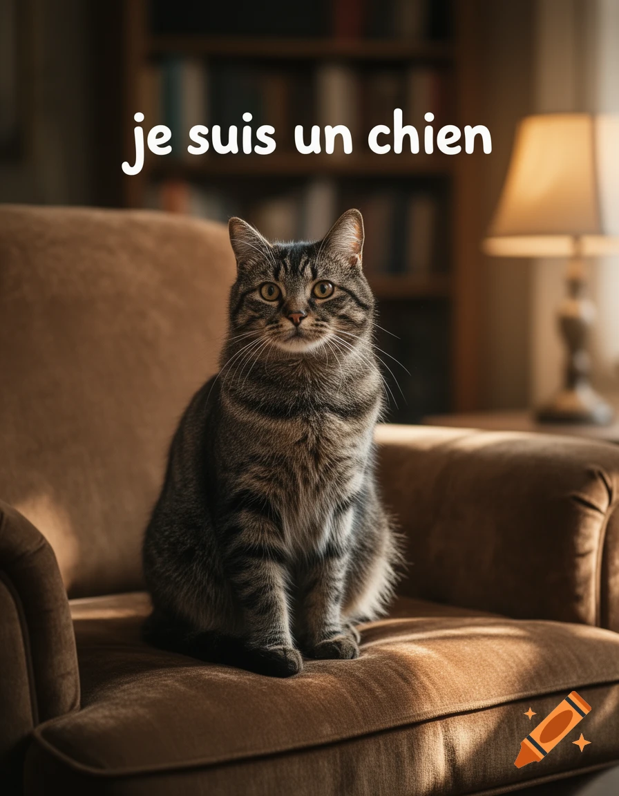 Photorealistic image of a tabby cat sitting on a brown armchair with the text 'je suis un chien' above it.