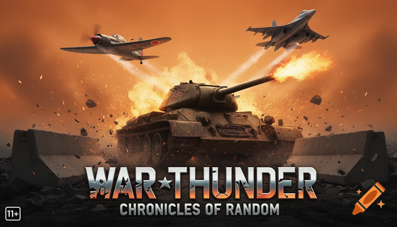 Epic movie poster for 'WAR THUNDER: CHRONICLES OF RANDOM' with a tank firing, planes flying, and explosions in an orange sky.