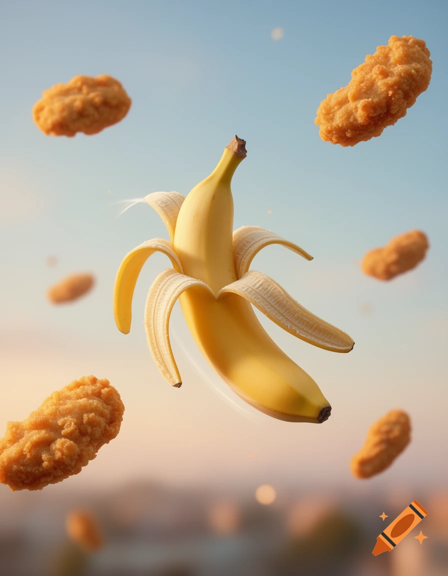 A peeled banana floats in the center, surrounded by several flying chicken nuggets against a soft blue and orange sky.