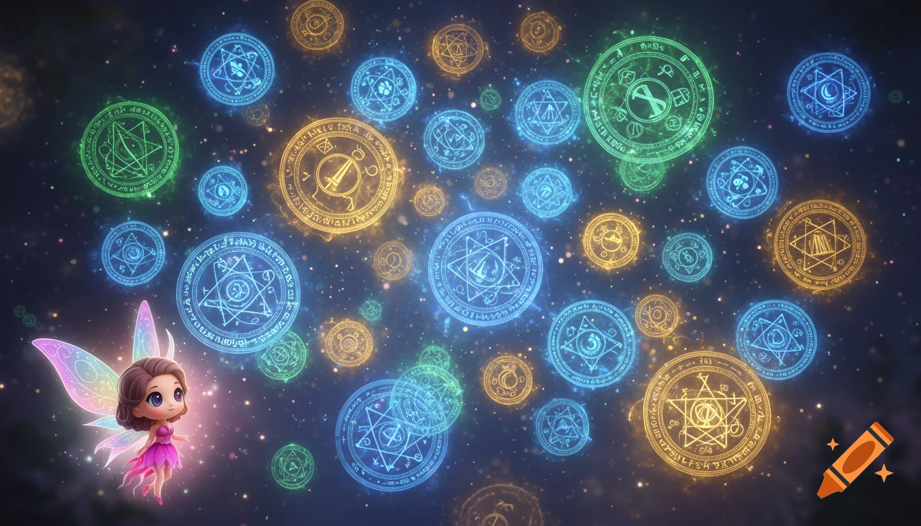 A tiny chibi fairy with colorful wings floats in the bottom-left, surrounded by glowing blue, green, and gold magical circles and sparkling particles.