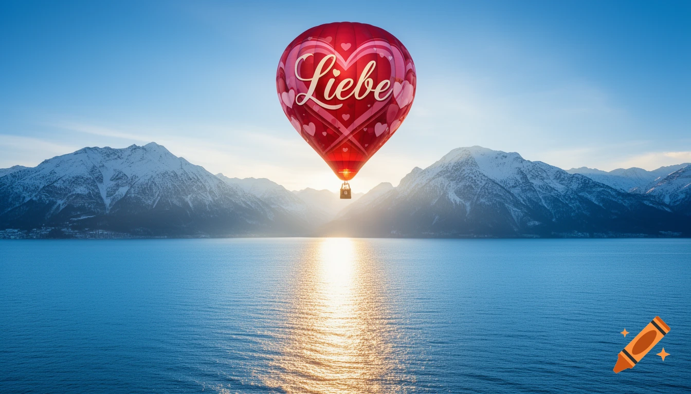 A red heart-patterned hot air balloon with "Liebe" written on it floats above a tranquil lake, reflecting the sun. Snow-capped mountains are in the background.